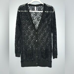 Longline Black Lace Cardigan Womens L Sheer Pockets Fairy Grunge Whimsigoth Y2K